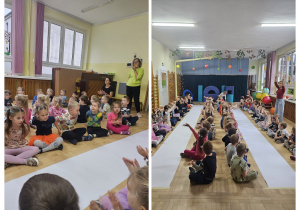 Dzieci siedzą przy arkuszach papieru