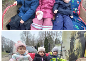 Dzieci z grupy I siedzą w saniach Mikołaja
