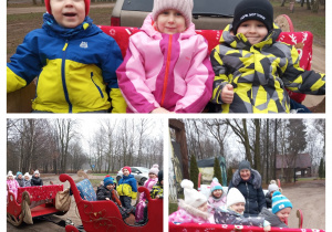 Dzieci z grupy II siedzą w saniach Mikołaja