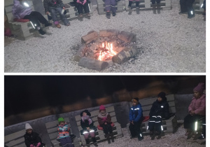Dzieci z grupy III siedzą przy ognisku