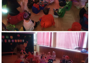 Dzieci siedzą na sali gimnastycznej