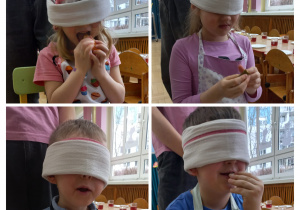 Dzieci z zawiązanymi oczami zgadują pokarmy