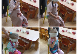 Dzieci biorą udział w konkursie z zawiązanymi oczami