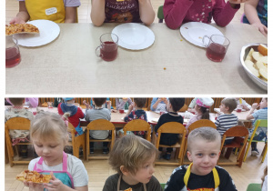 Dzieci jedzą wykonaną przez siebie pizzę
