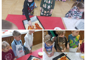 Dzieci smarują pizzę sosem pomidorowym