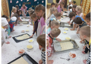 Przedszkolaki rozkładają ciasto na blachę
