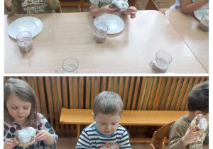 Dzieci wspólnie jedzą pączki