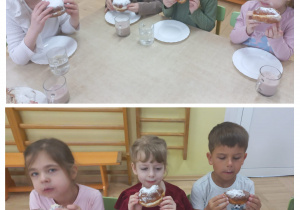 Dzieci siedzą przy stole i jedzą pączki