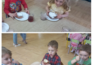 Dzieci jedzą pączki na sali gimnastycznej