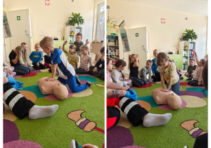 Dzieci wykonują masaż serca na manekinie