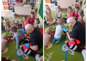 Prowadzący osłuchuje dzieci z grupy III stetoskopem