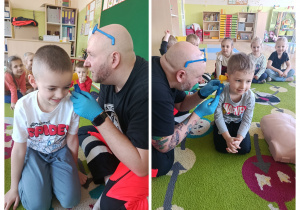 Prowadzący bada uszy dzieciom zabawkowym sprzętem