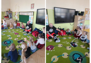 Dzieci siedzą i słuchają prowadzącego