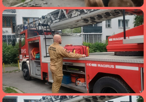 Strażacy stoją przy samochodzie