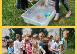 Dzieci z grupy III łowią rybki w ogrodzie