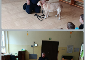 Dzieci słuchają strażnika miejskiego